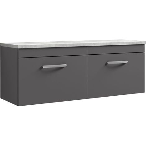 Millwich Contemporary 2 Drawer Wall Hung Vanity Unit with Laminate Black Galaxy Granite Worktop, Gloss Grey, 1200mm