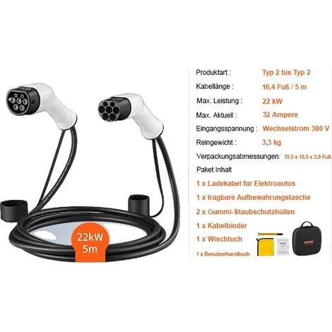 Câble de Charge pour Voiture, Compatibilité Type 2, Hautes Puissances, 22KW 32A-5M (1/2)
