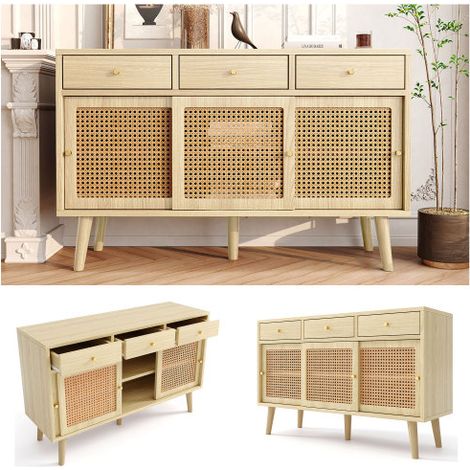 Credenza, cassettiera con 3 cassetti e 3 ante scorrevoli, intreccio in rattan sui frontali delle ante, gambe in legno massello, maniglia a barra in metallo dorato, ripiani regolabili, rovere, 120 x 40