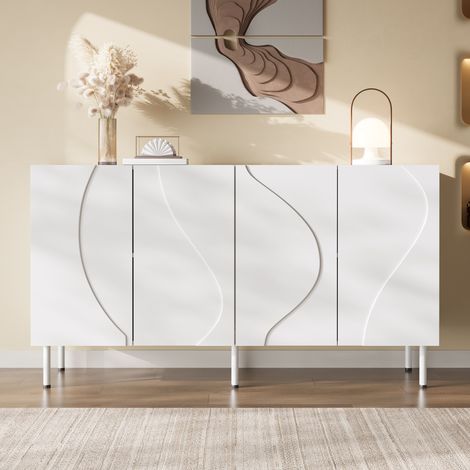 Credenza da soggiorno, 140x40x77,5 cm, madia bassa per ingresso, in MDF e pannello truciolare con 4 ante sagomate 3D e piedini in metallo, bianco (1/5)