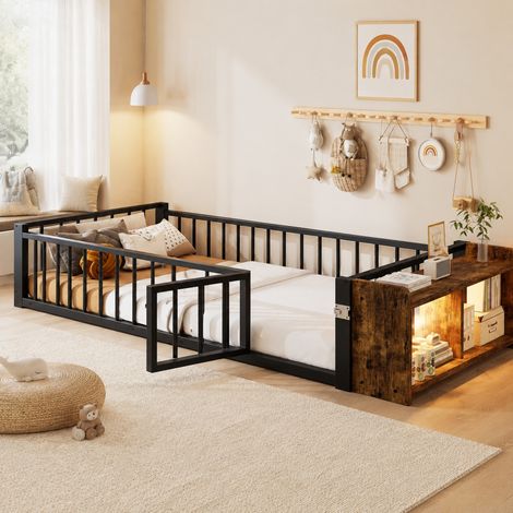 Etagenbett 90/200 cm aus Metall in Schwarz mit Schutzgeländer, Stauraum und LED-Beleuchtung