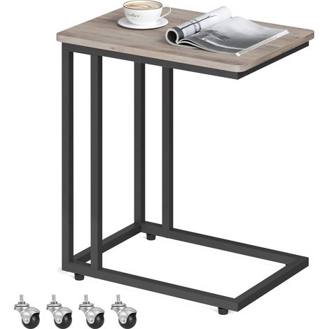 Table d’Appoint, Bout de Canapé, Table Mobile, avec Cadre en Acier et roulettes, Montage Facile, Style Industriel, pour Salon, Chambre, Balcon, Grège et Noir LNT050B02 (1/5)