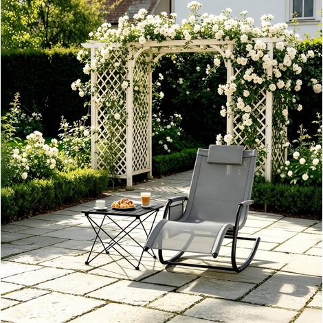 Tumbona mecedora 152x62x83 cm, asiento curvo ergonómico, bolsillo lateral, metal y poliéster gris (1/5)