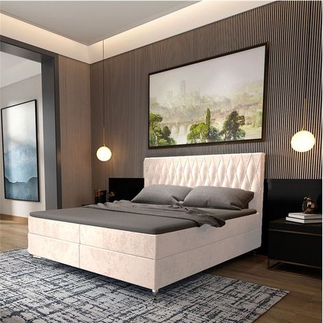 Lit Coffre KINGSTON 160x200 cm Velours Beige avec Tete de Lit Matelas Inclus et Rangement Integre