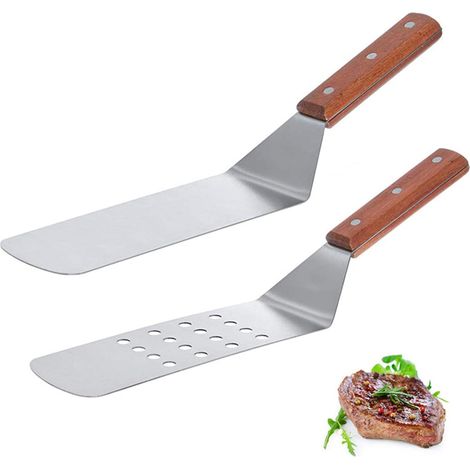 Spatola in acciaio inox 2 pezzi con manico in legno per griglia in acciaio inox, Teppanyaki, hamburger, griglia per bistecche (1/5)