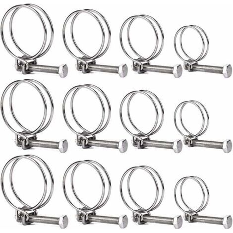 Schlauchschellen aus Edelstahl 304, 12er-Packung – doppelt verstellbare Größen (20 mm, 25 mm, 35 mm, 40 mm) für Hydraulik-, Automobil- und Gartenanwendungen.