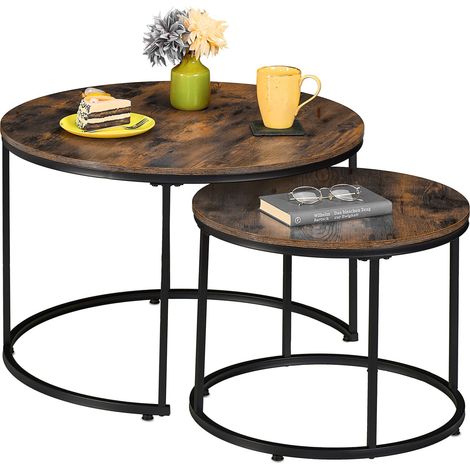 Relaxdays side tables, set of 2, wood effect & metal, industrial design, round tables, living room, brown/black (1/5)