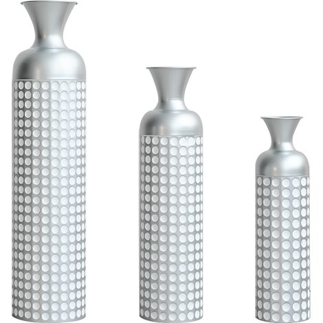 Lot de 3 vases de sol métalliques argentés à motif points en relief 49,5/66/84 cm (1/3)