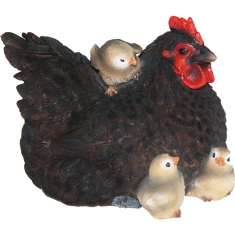 Poules couchée décorative avec poussins - Noir - L 15 cm - Livraison gratuite