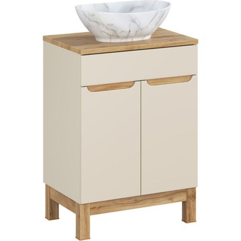 Set da bagno ERMANO cashmere 60cm: mobile sottolavabo + piano per lavabo + lavabo da appoggio bianco marmorizzato