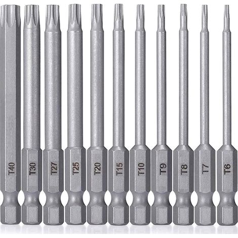 11PCS Jeu d'embouts de Tournevis Torx 100mm Set de Tournevis Magnétiques en Acier S2 Tournevis Etoile 6 Branches Tige hexagonale 1/4 Pouce T6-T40 (1/5)