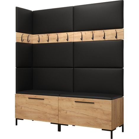 Conjunto para recibidor Nomal V, Craft roble, 196x168x46cm, Cuero ecológico, Aglomerado laminado, Montada en la pared, Colocada