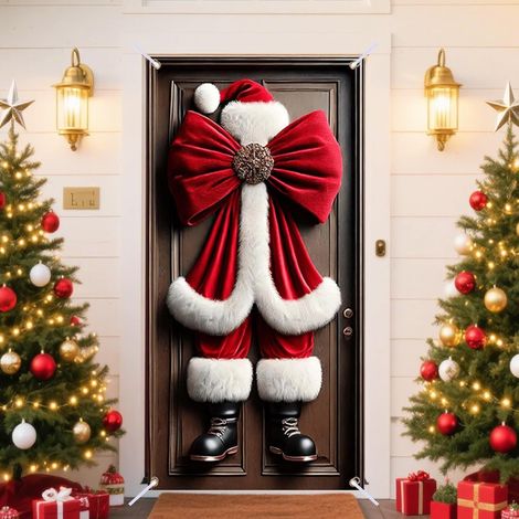 Nouvelle décoration de porte de Noël, motif Père Noël pour jardin, cour ou extérieur - 90 x 180 cm (perforée + ruban) - 17