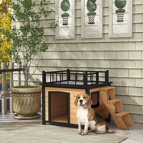 Caseta para perros con terraza en el techo, resistente a la intemperie, de madera, 121x77x78cm, negro/amarillo (1/5)