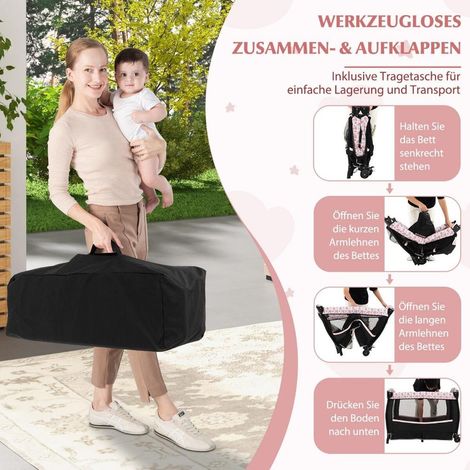 Pour les déplacements, lit de voyage bébé 4 en 1 pliable avec roulettes verrouillables, matelas et espace de jeu (1/5)