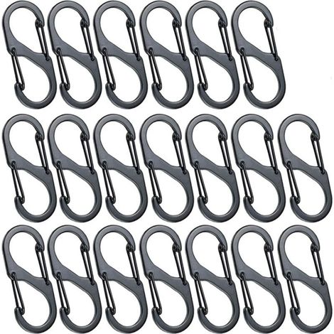 50 Mini-S-Karabiner, Aluminiumlegierung, 8 Formen, robust, leicht, wasserdicht, Doppelschlaufe, für Zuhause, Wandern, Angeln, Camping, Reisen usw. — Schwarz, 4 x 1,8 cm — Crezuo-Crezuo