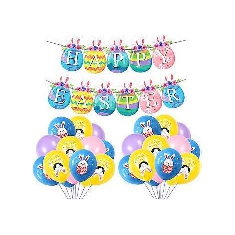 1 lot de bannières « Joyeuses Pâques » avec ballons en latex en forme de lapin et d’œuf (rose, bleu, violet)