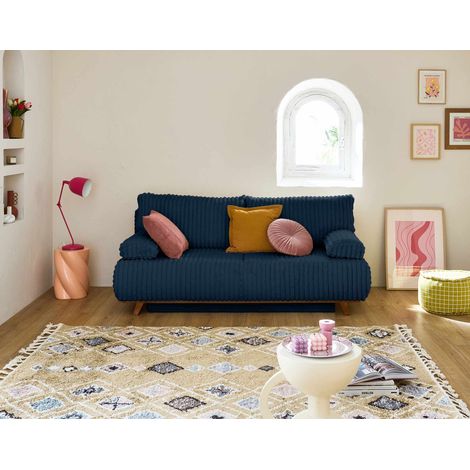 Cristal - 3-sizter sofa - schlaffunktion und bettkasten - aus geripptem kunstpelz - blau