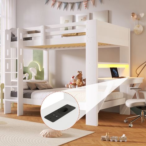 Lit superposé enfant en bois 90x200 cm avec bureau, éclairage LED réglable, prise USB/USB-C, garde-corps, structure en pin et MDF - Blanc (1/5)