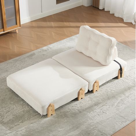 Poltrona letto singola pieghevole in velluto a coste beige con struttura in legno chiaro, seduta imbottita per piccoli spazi e camera degli ospiti FLORAGRACE (1/5)