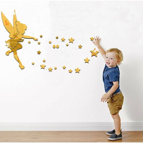 24 Pièces Sticker Mural petite fille étoile 3D, Acrylique Miroir Décalques Autocollant Miroir Sticker- Doré
