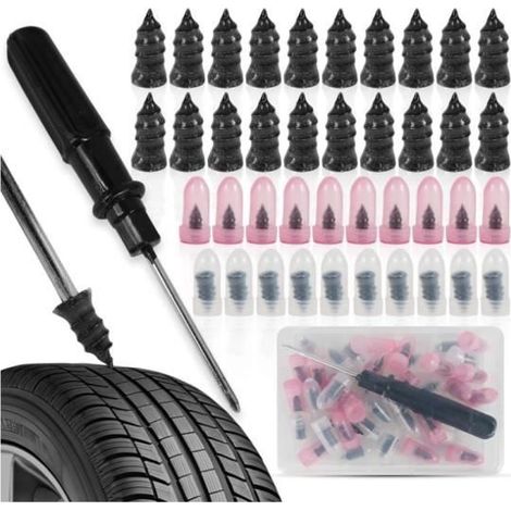 Kit Reparation Pneu Voiture Inclut 40 Clous en Caoutchouc de 2 mesures Tournevis Plat/Cruciforme Meche Pneu Crevaison kit Meche (1/4)