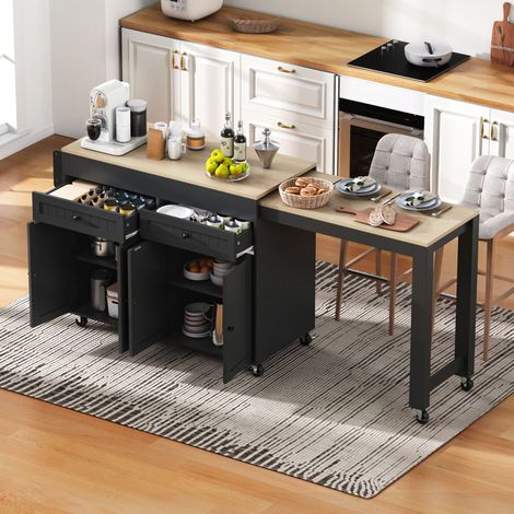 MEUBLIV Îlot de cuisine sur roulettes noir et naturel avec plateau extensible et rangements (1/5)