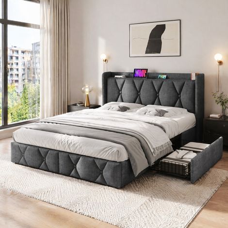 MEUBLIV Bett 140x200 cm grau – Kopfteil mit USB, 4 Schubladen, mit Matratze (1/5)