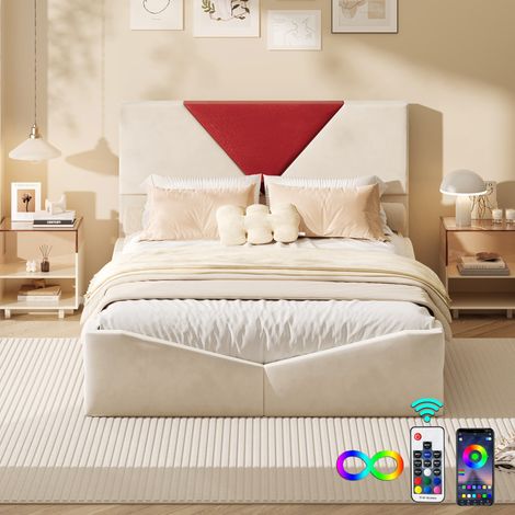 Letto matrimoniale 140x190 cm - Letto 140x190 cm con contenitore, testiera triangolare bicolore bordeaux, illuminazione a LED regolabile, 4 cassetti, tessuto in velluto, stile moderno e minimalista -