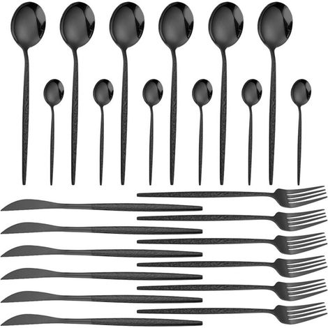24-piece stainless steel cutlery set for 4, including forks, knives, and spoons, black.