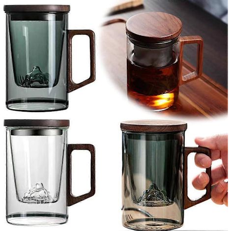 Hitzebeständiger Tee- und Wassertrennglasbecher mit Walnussholzgriff in Braun (1/5)