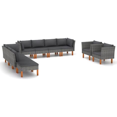 vidaXL Salon de jardin 10 pcs Résine tressée et bois d'eucalyptus Gris (1/5)