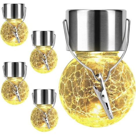 4 Lampes Solaires Extérieures Suspensibles, boules de verre craquelées, étanches, pour jardin, balcon, fêtes [Classe énergétique A+++]