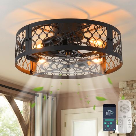 Ceiling Fan Cage Metal 50 cm 6 Speeds Black Industrial Farmers Flush Mount Light E27 4 Bulbs Silent Reversible Engine with Remote Control App (1/5)