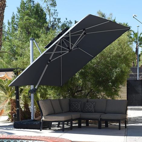 Grand Parasol Déporté 3,65 x 3,65 m Toit Double Anti-Vent, Gris (1/5)
