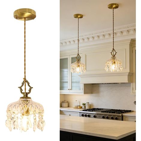 Suspension luminaire en cristal vintage, Plafonnier en cristal pour chambre, Cuisine, Couloir, Entrée – Douille E14, Lumière chaude, Hauteur réglable – Modèle 15x24 cm (1/5)