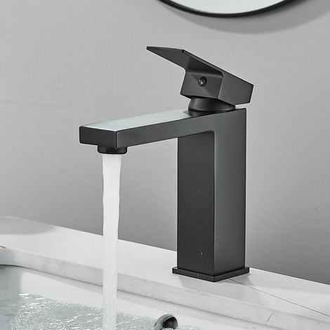 Zamery – Robinet de salle de bain noir mitigeur lavabo à levier unique – Finition noire mate – Bec arqué bas en laiton – Installation à trou unique (1/5)