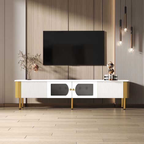 Mobile TV moderno 170cm - con 2 cassetti e 2 ante in vetro, maniglie dorate, gambe dorate, Mobile TV per camera da letto, Moderno - Bianco (1/5)