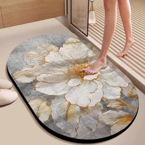 Tapis de bain en terre de diatomée – Forme ovale irrégulière, ultra-absorbant, antidérapant et résistant à la saleté & à l’usure – Design 3D élégant « Fleur éclatante » – 50 x 80 cm-lsw