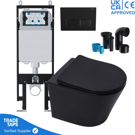 Black Wall Hung Toilet Pan Rimless with VIVA Slim Concealed Cistern Frame 1.14-1.35m & Square Matt Black Flush Plate (1/5)