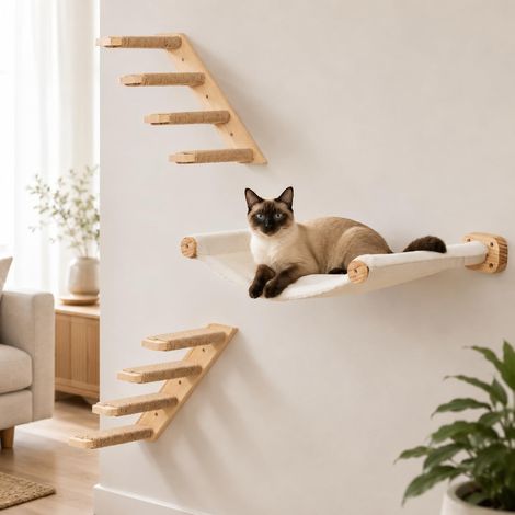 Meuble Mural Pour Chat - Ensemble 2 Marches Et Hamac - Bois Massif Et Sisal - Escalier Grimper Jouer Dormir - Salon Chambre (1/5)
