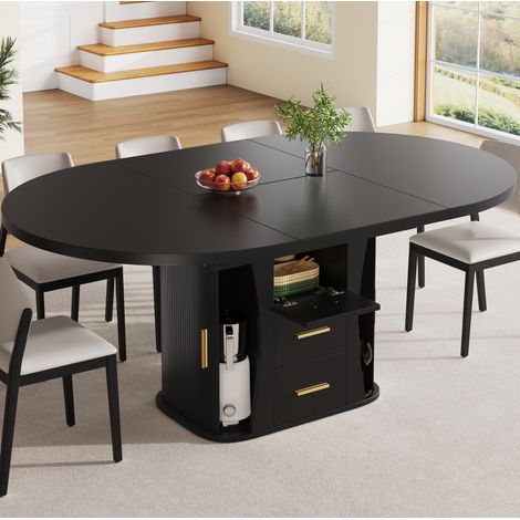 Mesa de comedor extensible 118-158/118/77 cm negra con espacio de almacenaje (1/5)