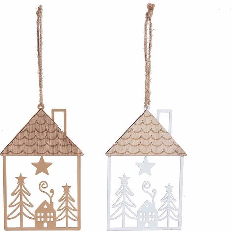 Décoration de Noël maisonnette en métal et bois avec paysage à suspendre, lot de 10, 9 x H. 14,5 cm