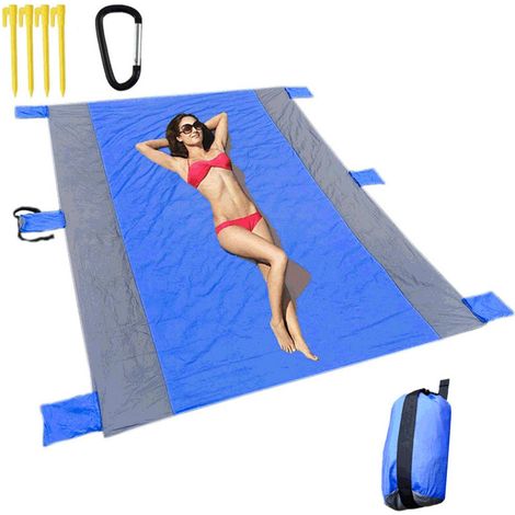 Grande couverture de plage 86,7 x 70,9 pouces, natte de pique-nique extérieure anti-sable en nylon, avec 4 piquets, pour voyage, camping et randonnée (1/5)