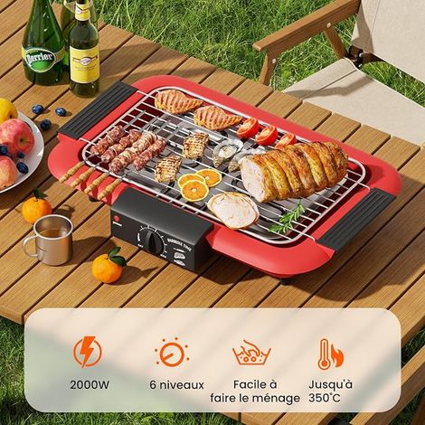 Electric Grill, Indoor/Outdoor Non-stick Smokeless Double Tube 2000W Portable High Power Removable BBQ Grill BBQ Grill (Red) (1/3)
