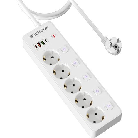 Multiprise avec 4 USB, 5 Prises Multiprise avec Interrupteur Individuel et Parafoudre, Prise Multiple Multiprises Murale avec PD20W et QC3.0, Câble 1.8m 3250W/13A pour Bureau Cuisine-Blanc (1/5)