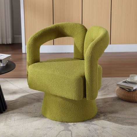 Chaise rotation 360° assise à large rembourrage revêtement en tissu duveteux forme ronde coloris olive (1/5)