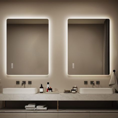 Miroir LED de salle de bain 80x60 cm en verre argenté, anti-buée pour salle de bain – MEUBLIV (1/5)