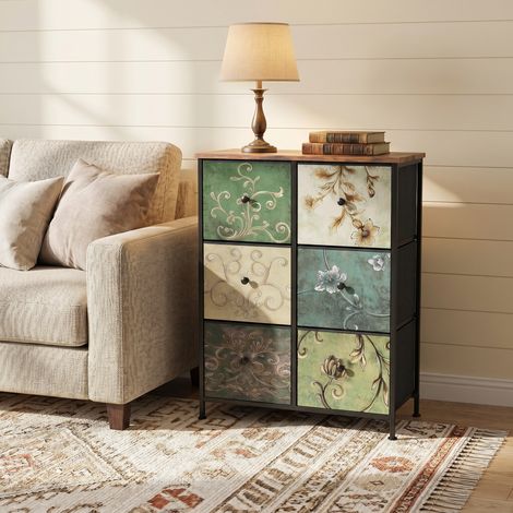 Commode Chambre 6 tiroirs, Armoire de Rangement pour Salon Chambre Couloir, Cadre en Métal, Style rétro, 67.5 x 30 x 86.5cm (1/5)