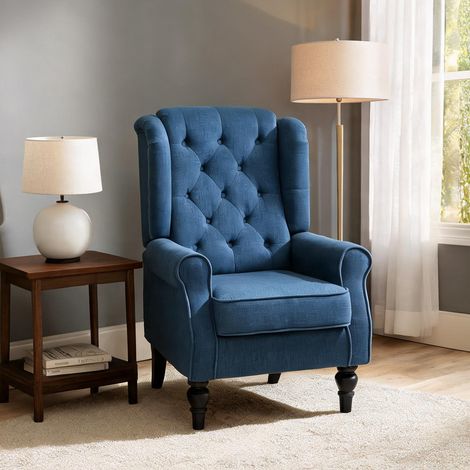 Fauteuil à oreilles bleu en tissu avec piètement bois 160 kg (1/5)